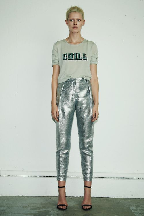 existentialism | Fashion, Silver pants, Metallic pan