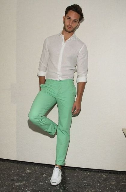 white sneakers men outfit | Green pants fashion, Mint pants outfit .