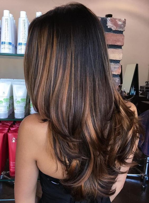 straight black hair with rich caramel highlights | Cabelo longo .