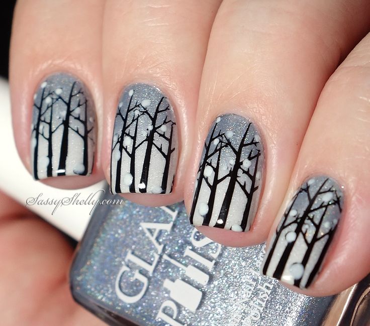 Frozen Forest winter nail art, monochrome gradient... | Winter .
