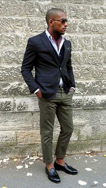 Men's Navy Blazer, Navy Cardigan, White Dress Shirt, Olive Chinos .