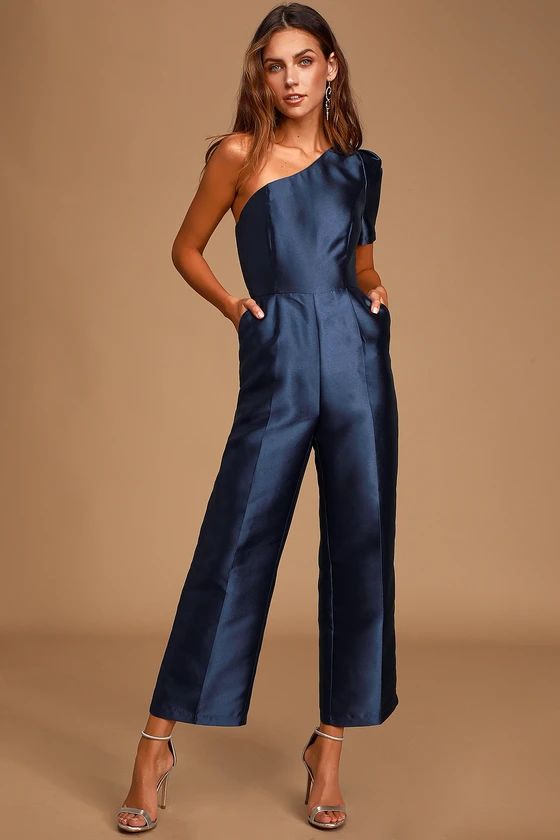 Divine Dream Navy Blue Satin One-Shoulder Culotte Jumpsuit | Fancy .