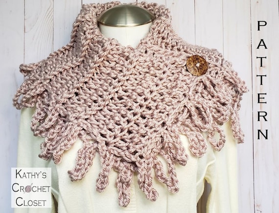 Crochet Scarf PATTERN Loopy Fringe Button Cowl Pattern DIY - Et