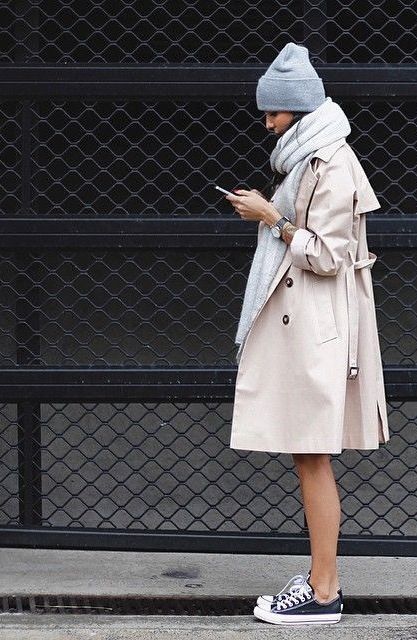 Women's Beige Trenchcoat, Black and White Canvas Low Top Sneakers .