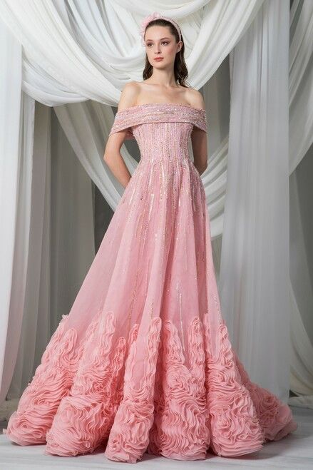Off Shoulder Sequined and Organza Gown | Pink evening dress .