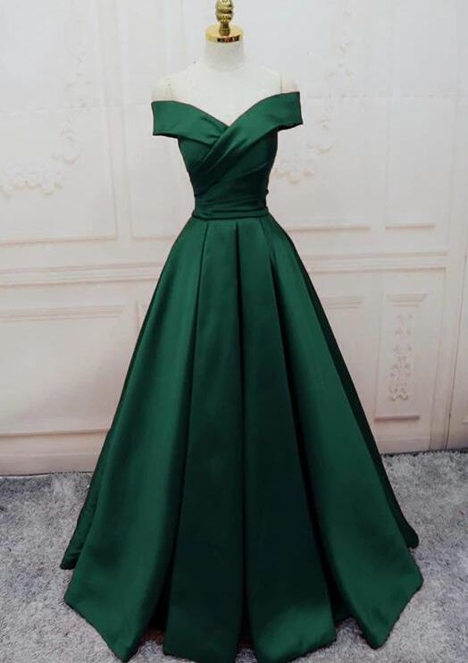 Dark Green Satin Off Shoulder Long Formal Gown | Green prom dress .