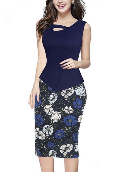 Women's Keyhole Neck Floral Print Cotton Peplum Bodycon Office .