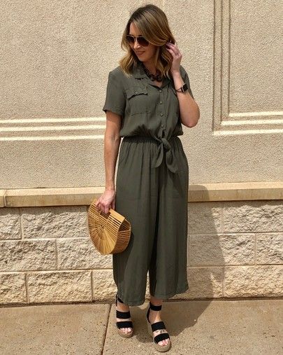 jumpsuit outfit ideas. romper ideas. olive green jumpsuit. summer .