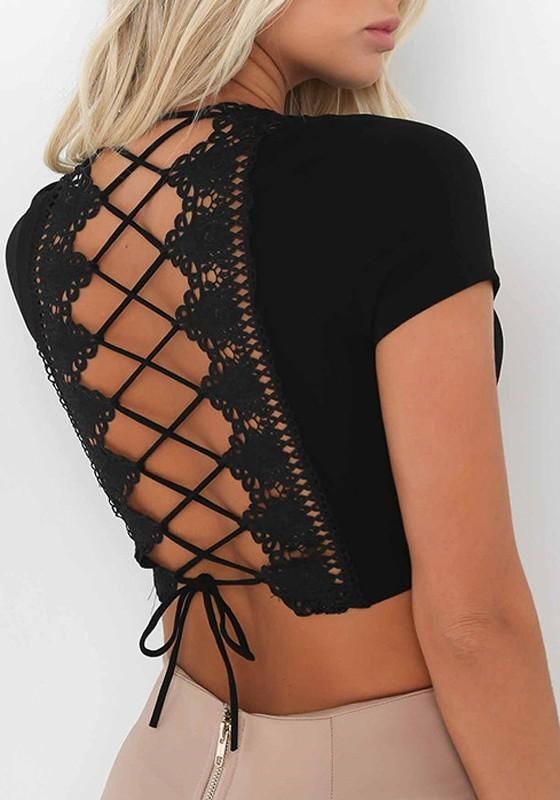 Black Patchwork Lace Hollow-out Tie Back Open Back T-Shirt .