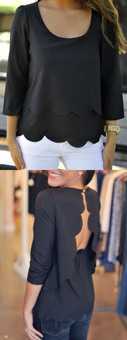 Black Open Back Two-layer Scallop Trims Blouse | Fashion, Clothes .