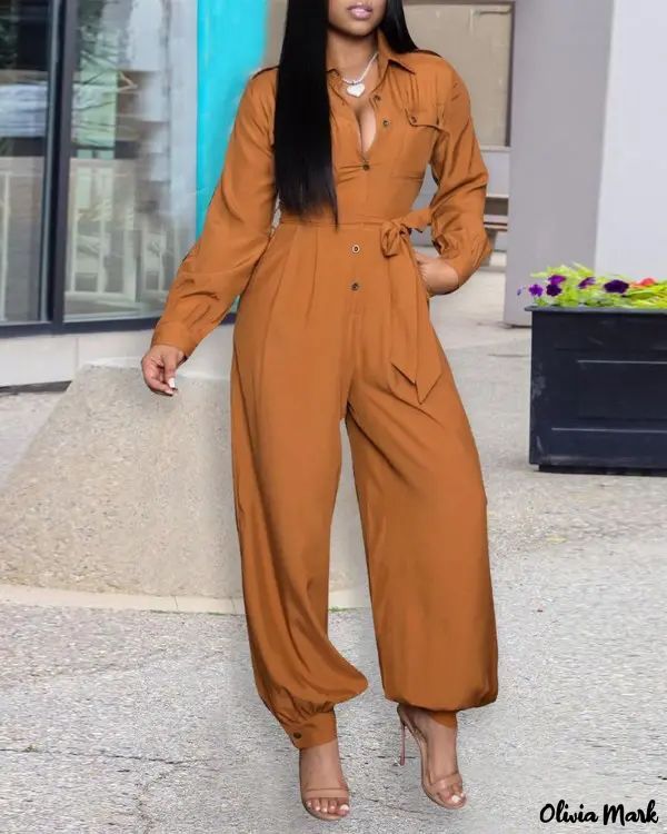 Olivia Mark - Long Sleeve Button Front Belted Jumpsuit in 2023 .