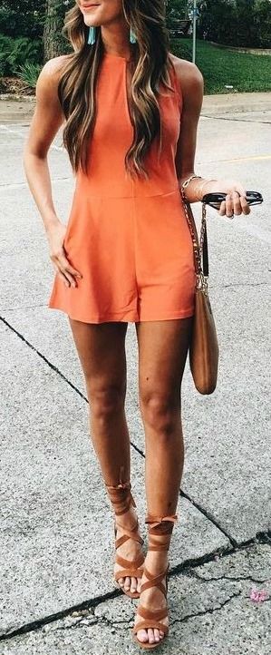 Orange romper + lace up heels. | Fashion, Fashion outfits, Cloth