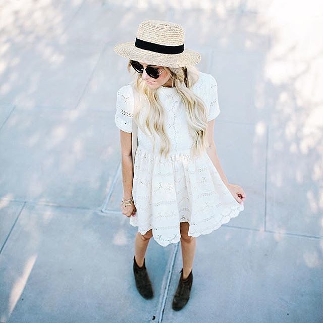 A pretty lace dress, ankle boots, and a straw hat. | Fashion .