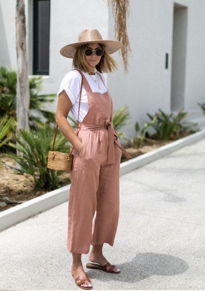 Comfy overalls over simple white tee with cute sun hat. | Fashion .