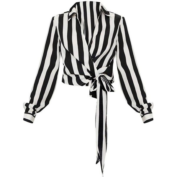 Monochrome Stripe Wrap Front Tie Side Blouse (105 ILS) ❤ liked on .