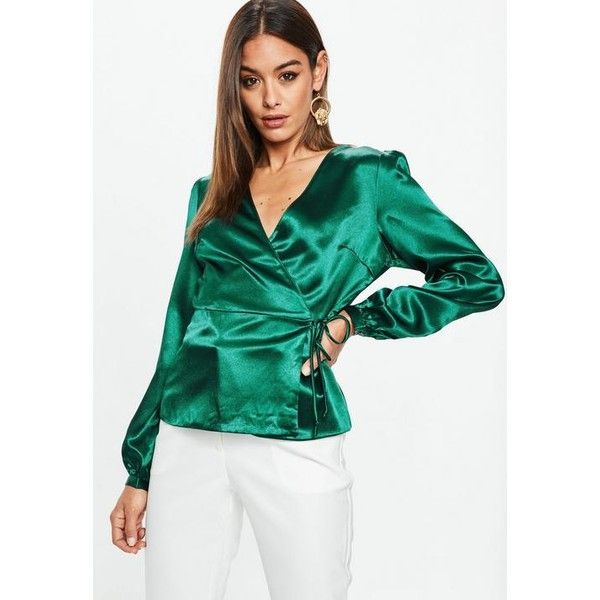 Missguided Satin Wrap Front Blouse (600 ZAR) ❤ liked on Polyvore .