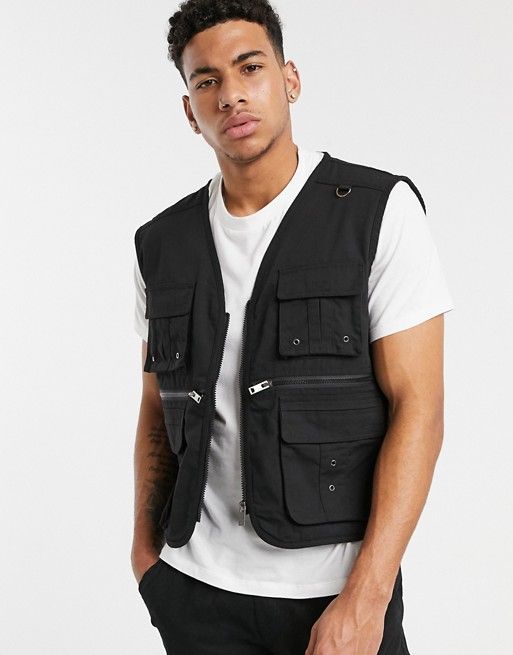 Soul Star utility gilet jacket in black | ASOS | Vest outfits men .