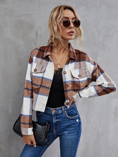 Plaid Drop Shoulder Crop Shacket | Plaid shirt outfits, Fashion .