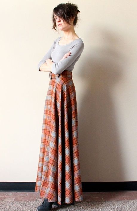 60s Plaid Wool Maxi Skirt, boho hippie Tartan long a-line preppy .