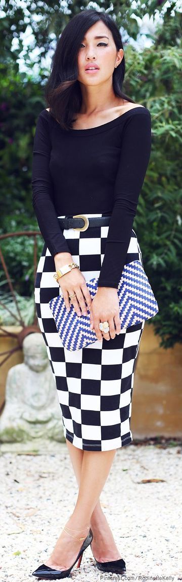 Women's Black Long Sleeve T-shirt, White and Black Check Pencil .