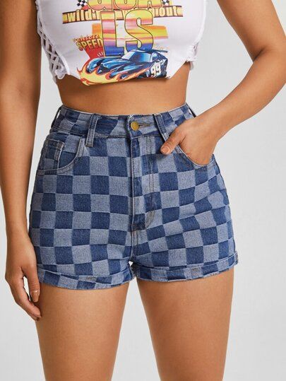 Slant Pocket Checkered Print Denim Shorts | Cute sweatpants outfit .