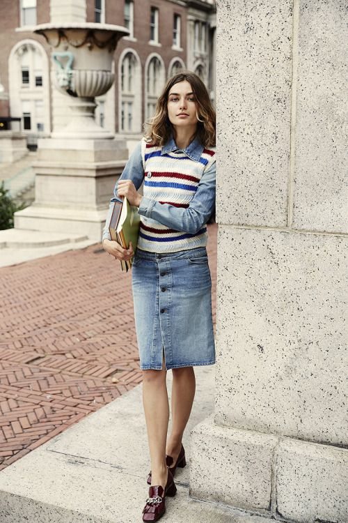 LA COOL & CHIC | Fashion, How to style sweater vest, Denim skirt .