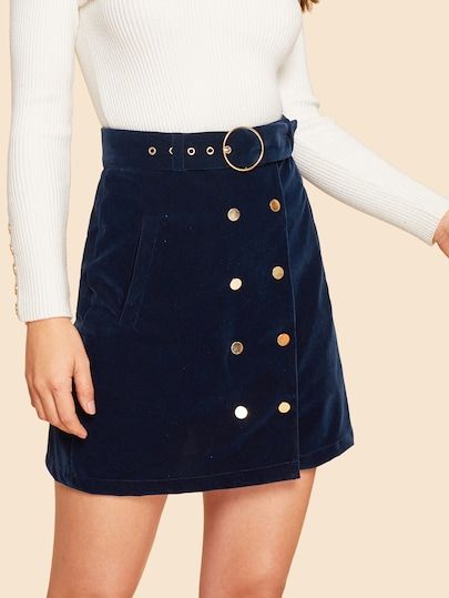 SHEIN Double Button Belted Velvet Skirt | Velvet skirt, Skirt .