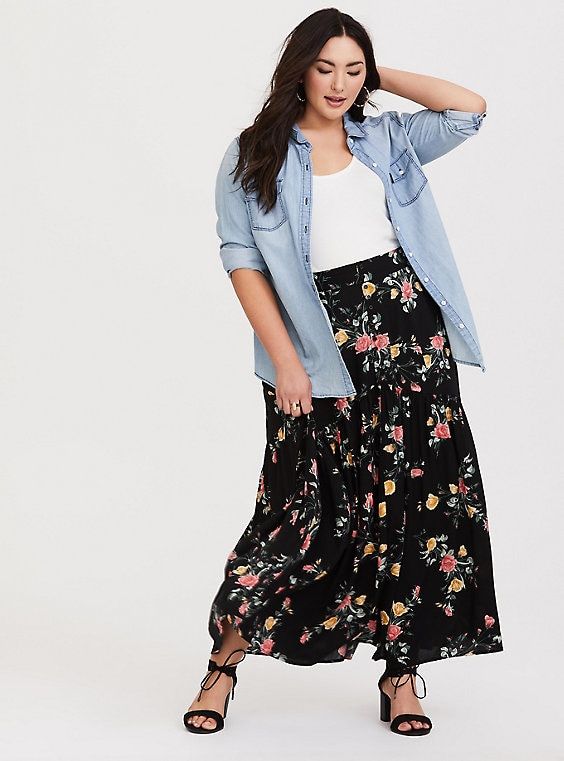 Black Floral Challis Maxi Skirt | Maxi skirt outfits, Long skirt .