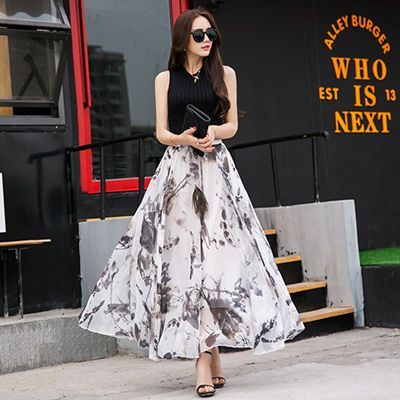 Elastic waist casual chiffon skirt summer bohemian floral print .