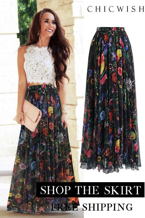 Tropical Flowering Watercolor Maxi Skirt in Black | Fashion .