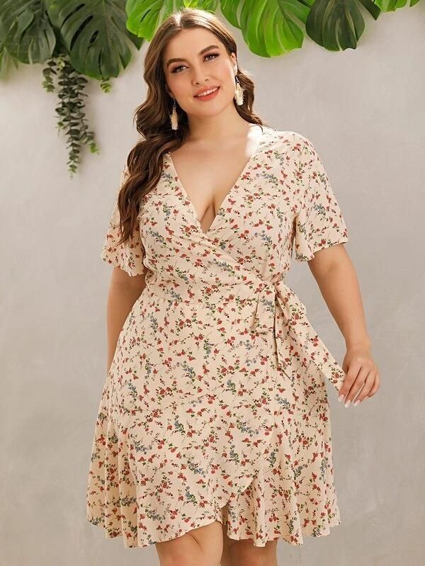 Women Plus Size Ditsy Floral Tie Side Wrap Dress 1XL (14) | Plus .