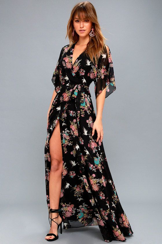 Sweet Bouquet Black Floral Print Wrap Maxi Dress | Maxi dress .