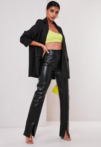 Black Faux Leather Split Front Pants | Missguided | Leather pants .
