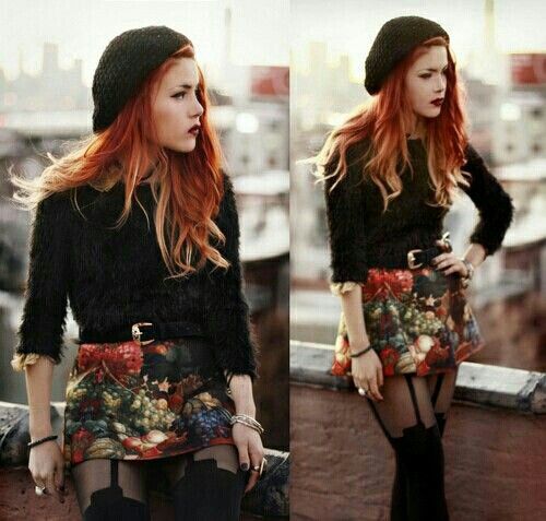 Luanna Perez grunge/boho outfit. That floral/fruit print skirt is .