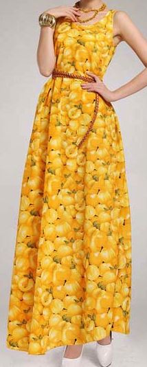 Bohemia Style Cute Fruit Print Long Dress - Yellow | Printed long .