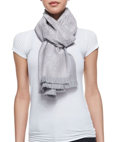 Gucci Light Gray Gg Jacquard Pattern Knitted Scarf In Black .