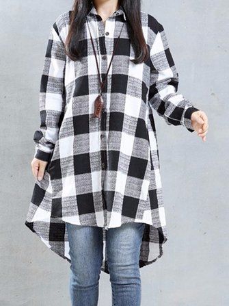 Casual Women Loose Plaid Lapel Long Sleeve High Low Shirts .