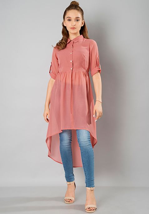 Buy Women High Low Longline Shirt - Pink - Fab-All-Ex-designers .