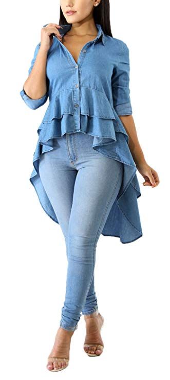 Women Ruffle High Low Hem Long Sleeves Denim Dress Jean Shirts .