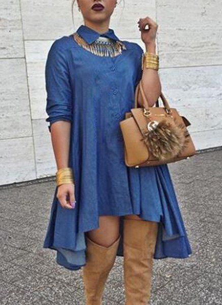 Stylish Shirt Collar Long Sleeve Women's High-Low Denim Dress .