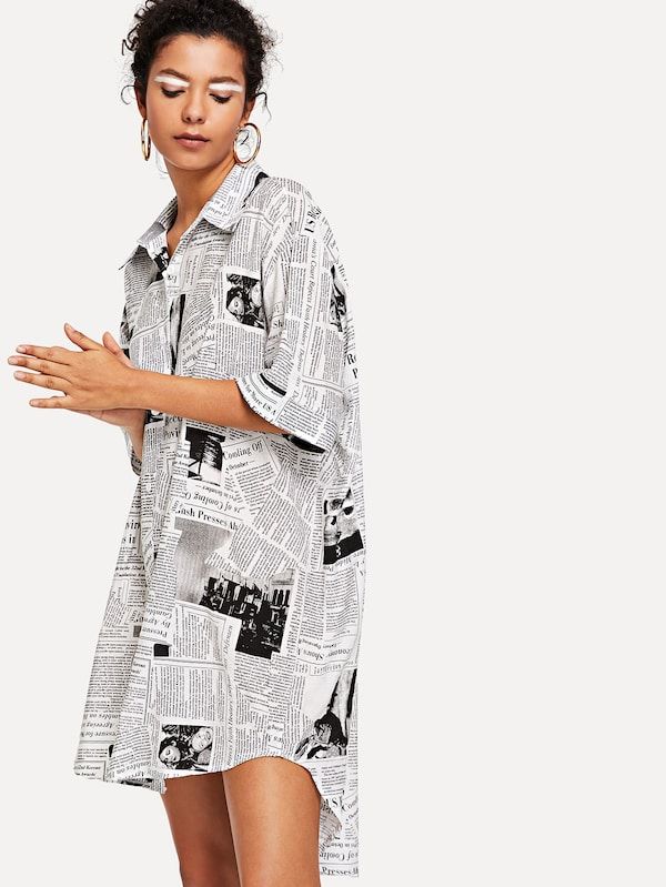 Newspaper Pattern High Low Shirt Dress | High low shirt dress .