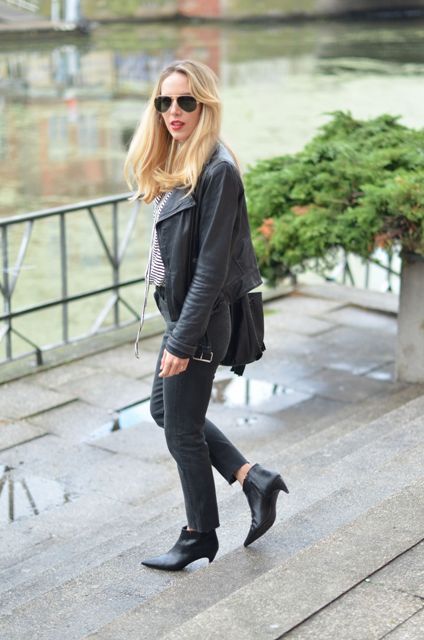 With striped shirt, black leather jacket and crop pants | Kitten .