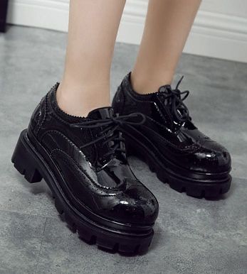 Black Patent Leather Lace Up Old School Gothic Punk Chunky .