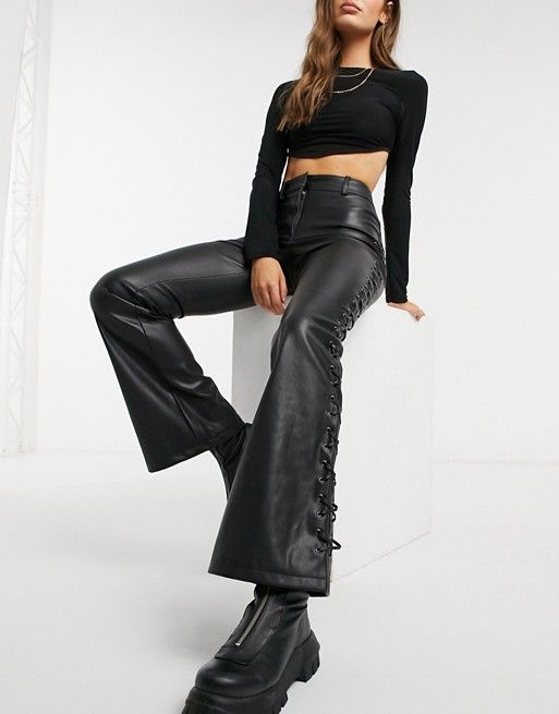 Topshop faux leather lace up flare pants in black | ASOS | Lace up .