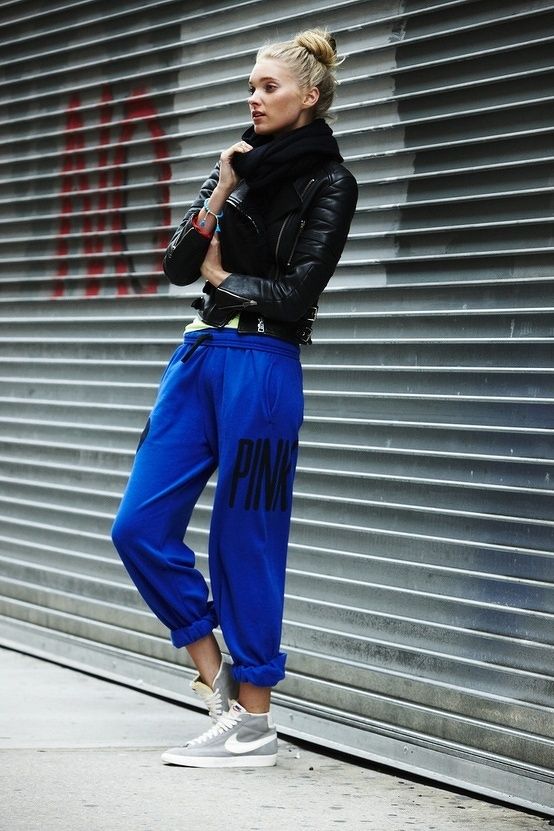 Blue Pants and a Black leather Jacket www.ireneccloset.com .