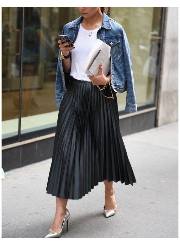 New black faux leather high waist pleated midi length women skirt .