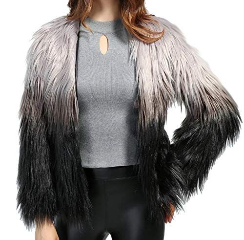 Aishang Women's Collarless Ombre Shaggy Faux Fur Coat Jacket .