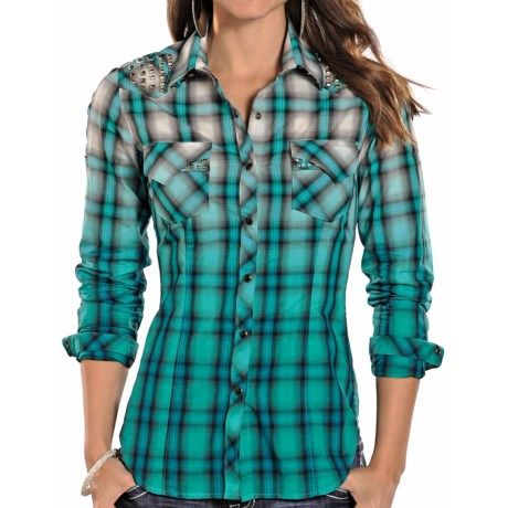 Rock & Roll Cowgirl Dip-Dyed Ombre Plaid Western Shirt - Snap .