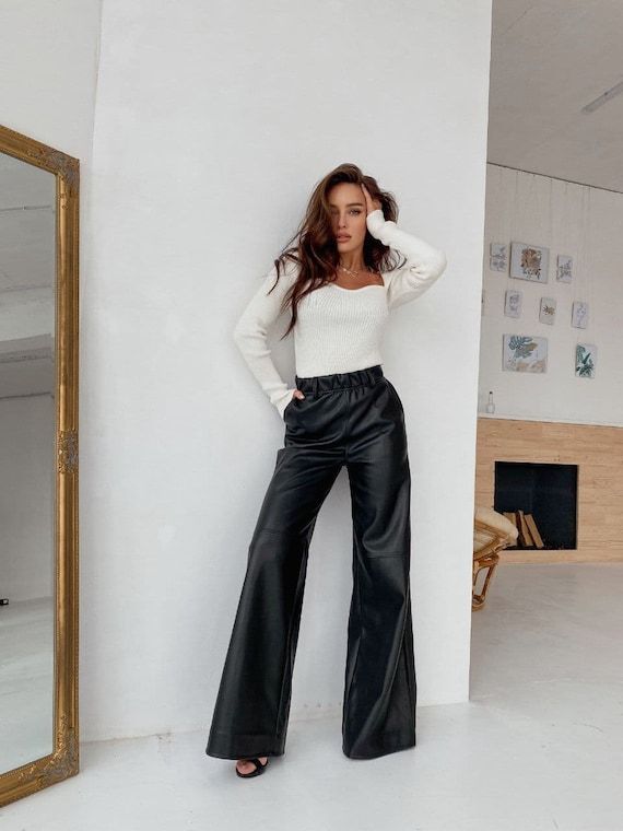 Faux Leather Pants Womens Black Palazzo Pants Leather Wide - Etsy .