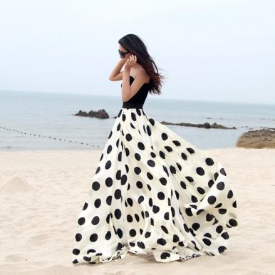 Charming Chiffon Polka Dot Pattern Long Maxi Skirts Black&White .